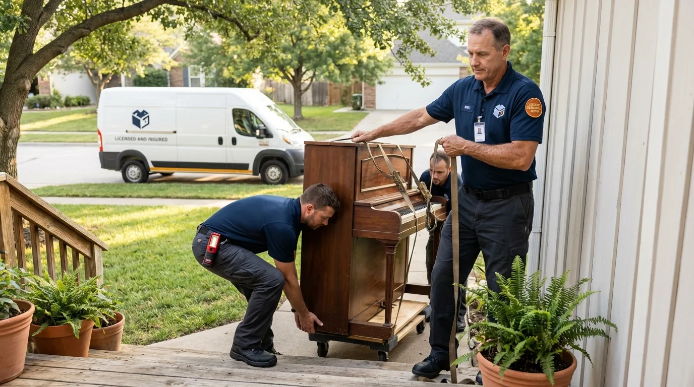 Licensed piano movers securing grand piano in Wagner, SD