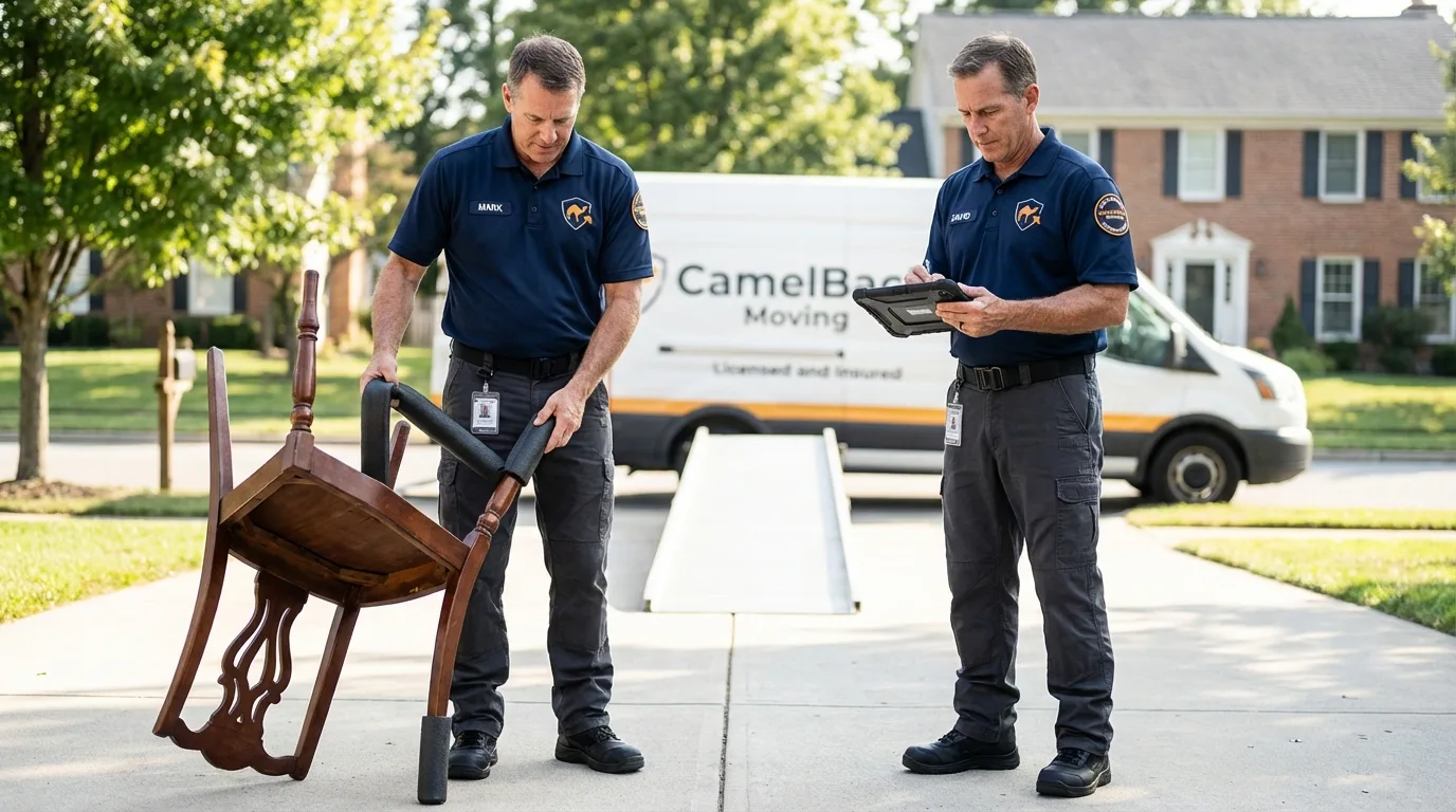 Movers inspecting furniture for damage prevention before loading in Wagner, SD